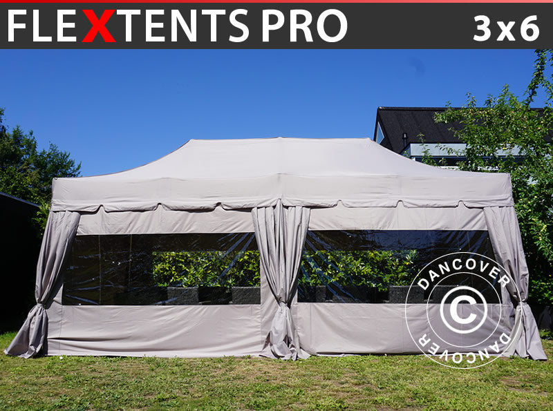 Pop up gazebo FleXtents PRO "Peaked" 3x6 m Latte, incl. 6 sidewalls and 6 decorative curtains