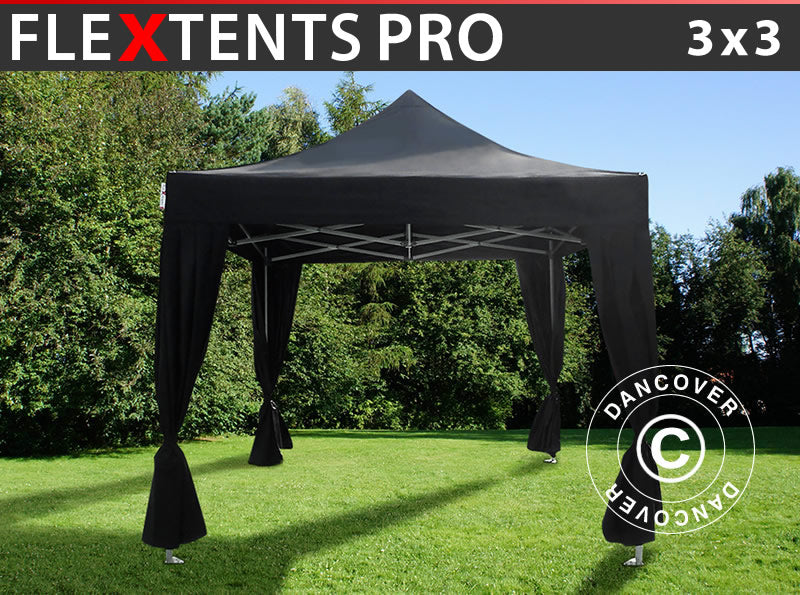 Pop up gazebo FleXtents PRO 3x3 m Black, incl. 4 decorative curtains