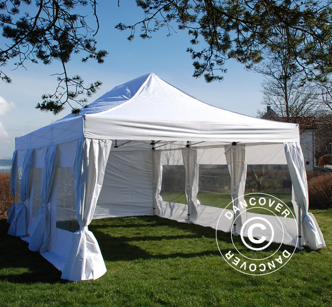 Pop up gazebo FleXtents PRO 4x6 m White, incl. 8 sidewalls & decorative curtains