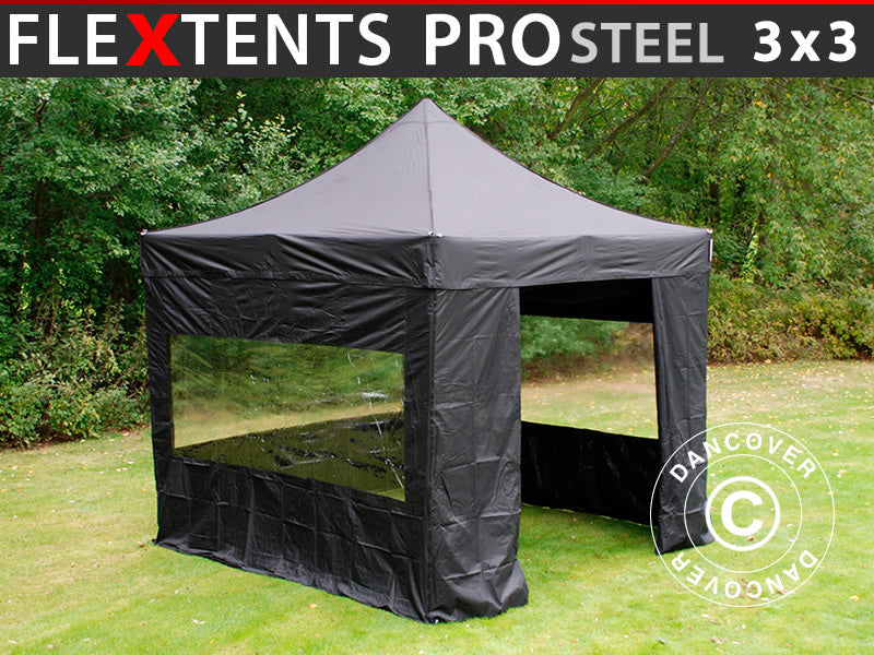 Pop up gazebo FleXtents PRO Steel 3x3 m Black, incl. 4 sidewalls