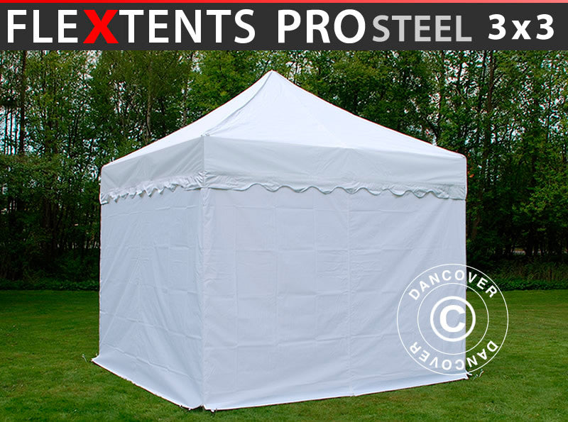Pop up gazebo FleXtents PRO Steel "Wave" 3x3 m White, incl. 4 sidewalls