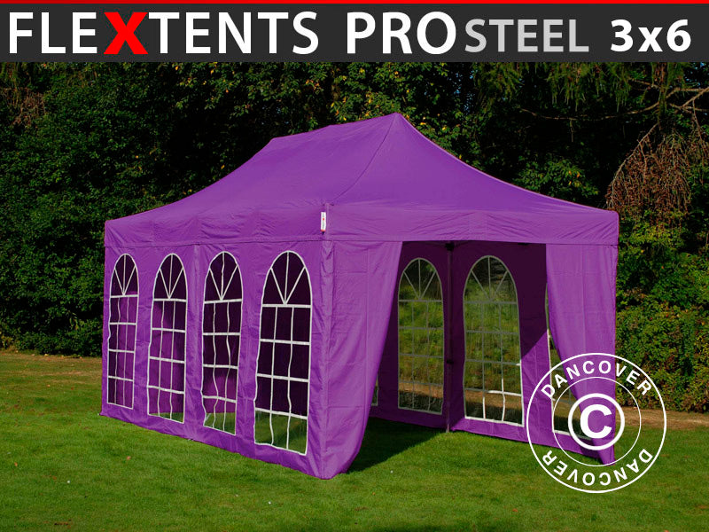 Pop up gazebo FleXtents PRO Steel Vintage Style 3x6 m Purple, incl. 6 sidewalls