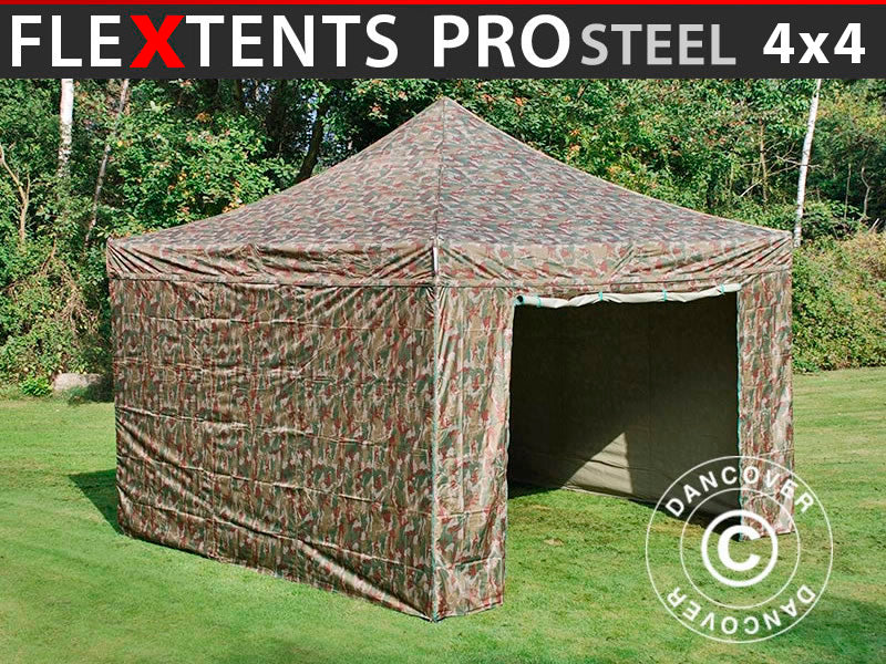 Pop up gazebo FleXtents PRO Steel 4x4 m Camouflage/Military, incl. 4 sidewalls
