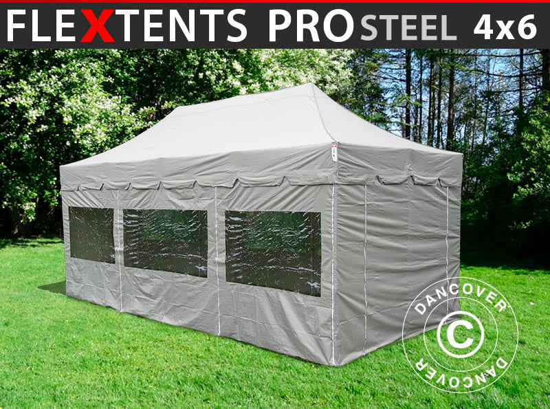 Pop up gazebo FleXtents PRO Steel "Peaked" 4x6 m Latte, incl. 8 sidewalls