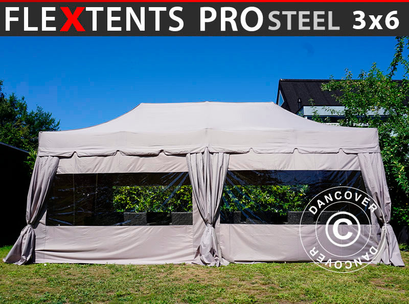 Pop up gazebo FleXtents PRO Steel "Peaked" 3x6 m Latte, incl. 6 sidewalls and 6 decorative curtains