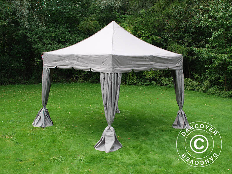 Pop up gazebo FleXtents PRO Steel "Peaked" 4x4 m Latte, incl. 4 decorative curtains