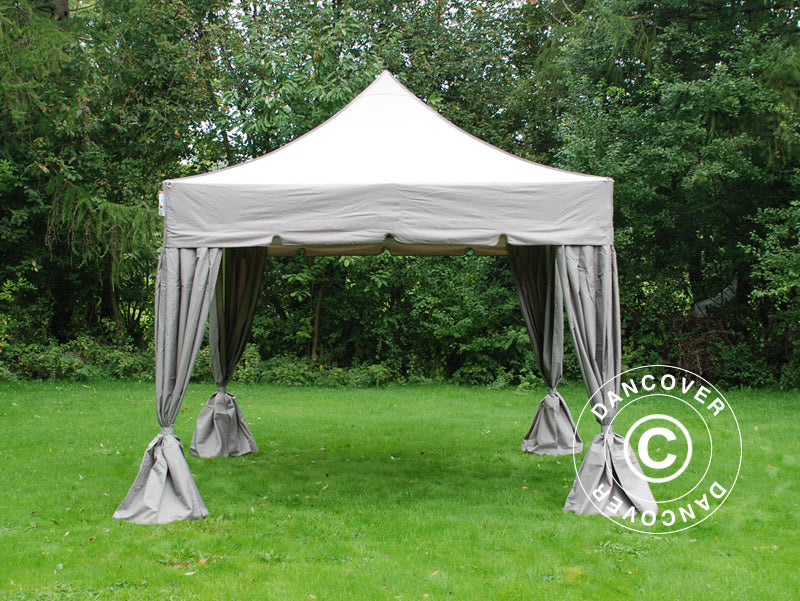 Pop up gazebo FleXtents PRO Steel "Peaked" 4x4 m Latte, incl. 4 decorative curtains