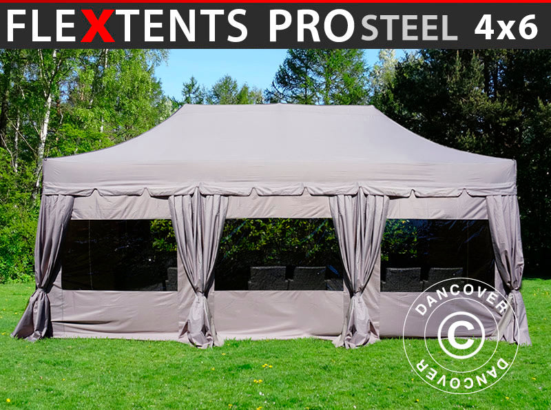 Pop up gazebo FleXtents PRO Steel "Peaked" 4x6 m Latte, incl. 8 sidewalls & decorative curtains