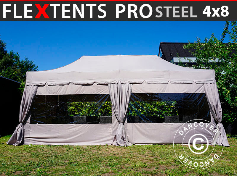 Pop up gazebo FleXtents PRO Steel "Peaked" 4x8 m Latte, incl. 6 sidewalls and 6 decorative curtains
