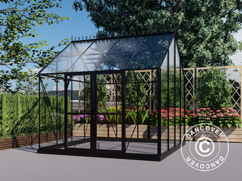 Orangery, greenhouse glass 8.9 m², 3.01x2.99x2.95 m w/base and cresting, Black