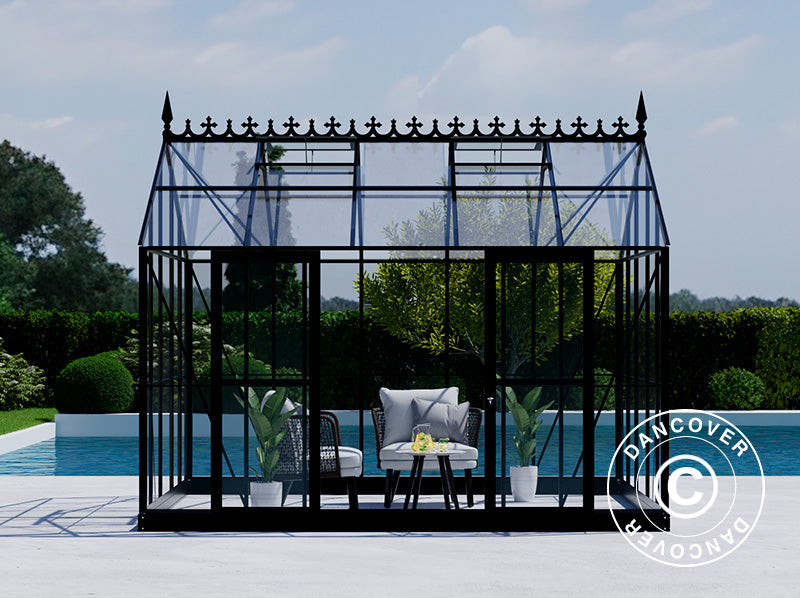 Orangery, greenhouse Glass 13.8 m², 3.73x3.71x3.16 m w/base and cresting, Black