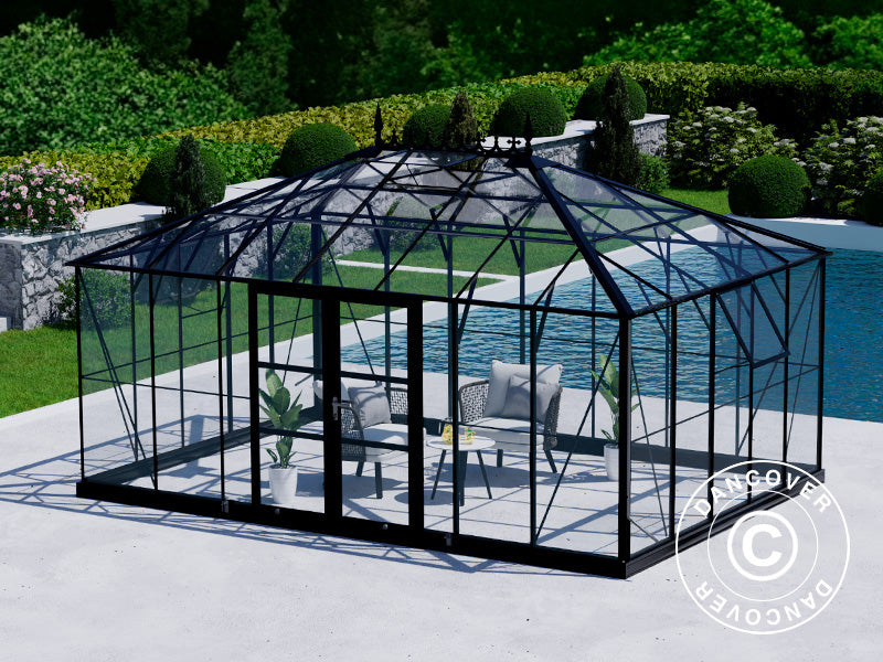 Orangery, greenhouse Glass 19 m², 5.14x3.71x3.15 m w/Base and cresting, Black