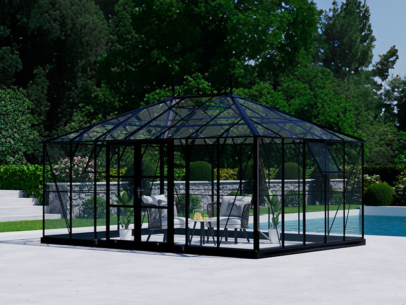 Orangery, greenhouse Glass 19 m², 5.14x3.71x3.15 m w/Base and cresting, Black