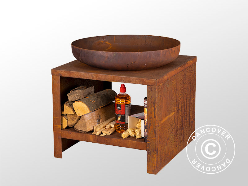 Fire bowl with wood storage, 60.9x60.9x62 cm, Rust
