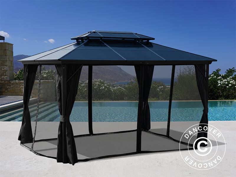 Gazebo Santa Ana Alu+ w/curtains and mosquito net, 3x4 m, Black