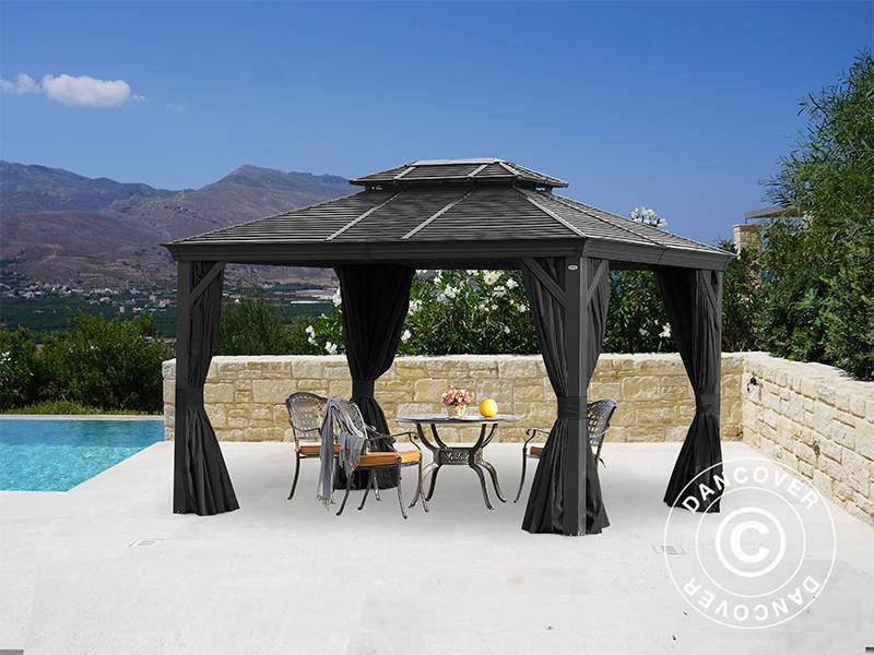 Gazebo San Bruno Alu+ w/curtains and mosquito net, 3x4 m, Black