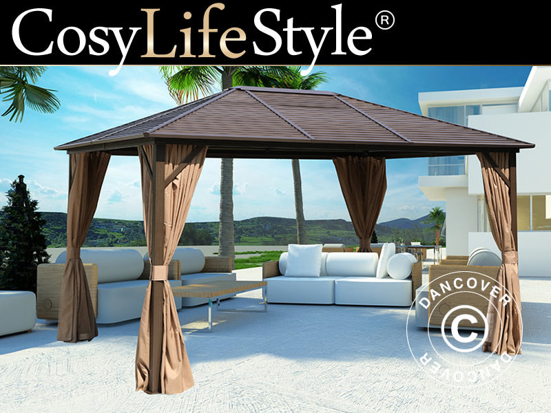 Gazebo San Luis w/curtains and mosquito net, 3x4 m, Brown
