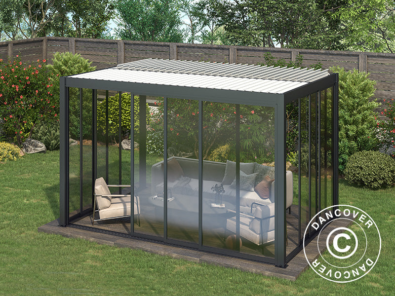Bioclimatic pergola gazebo San Pablo Alu+ w/sliding doors, 4x4 m, Black/White