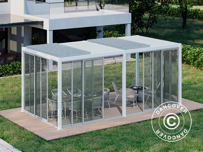 Bioclimatic pergola gazebo San Pablo Alu+ w/sliding doors, 3x5.8 m, White