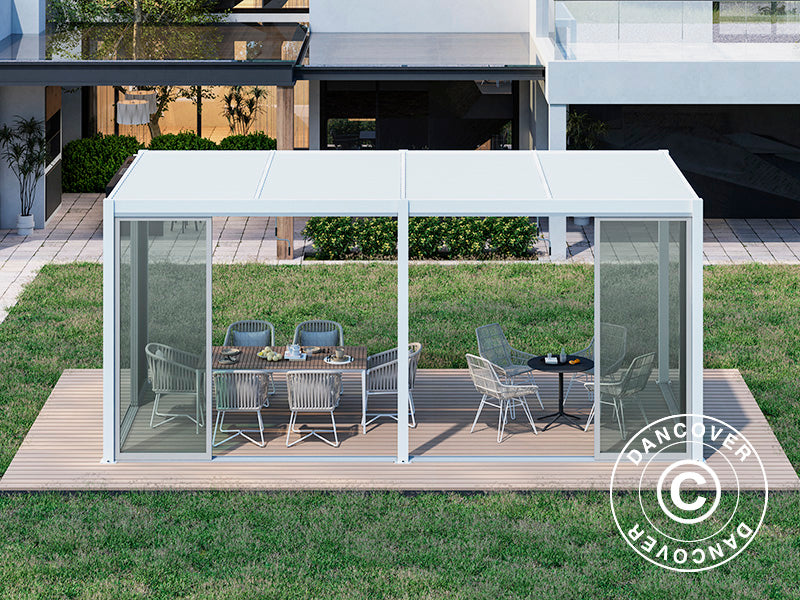 Bioclimatic pergola gazebo San Pablo Alu+ w/sliding doors, 3x5.8 m, White
