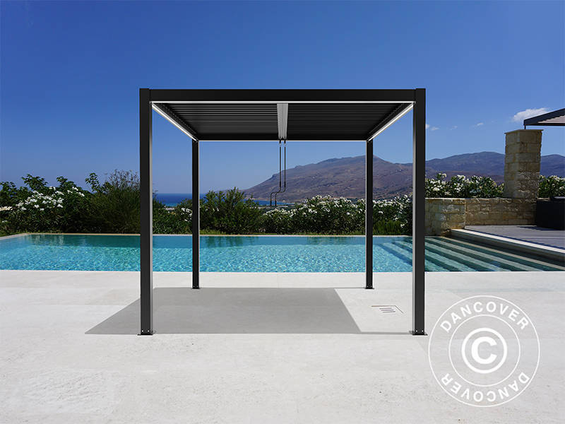 Bioclimatic pergola gazebo San Pablo Alu+, 4x4 m w/4 sidewall screens, Black