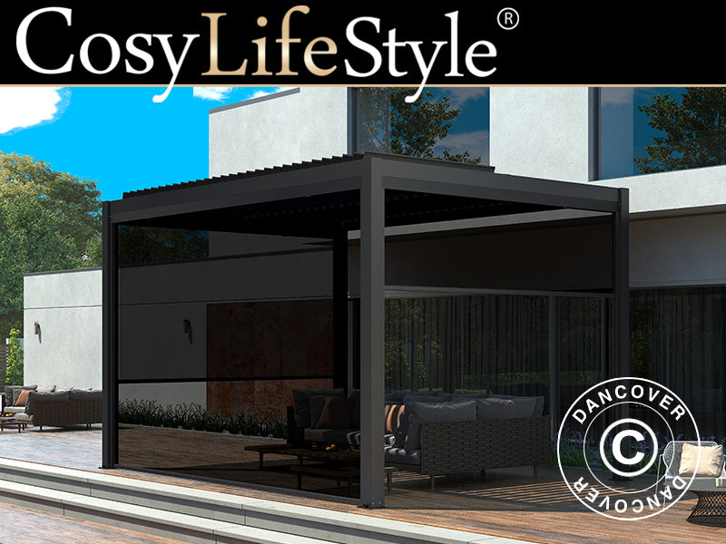 Bioclimatic pergola gazebo San Pablo Alu+, 4x4 m w/4 sidewall screens, Black