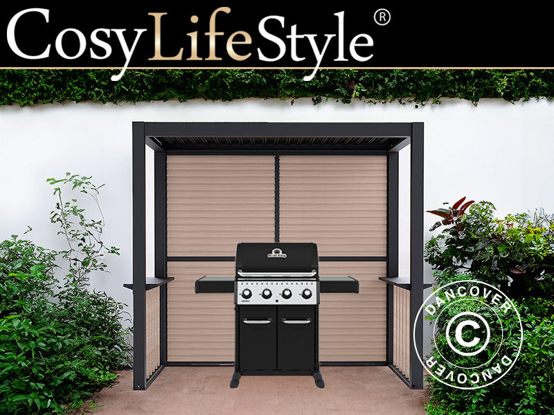 Pergola San Juan for BBQ, complete w/louvre walls and sides, 2.5x1.5x2.3 m, Black/Wood-look
