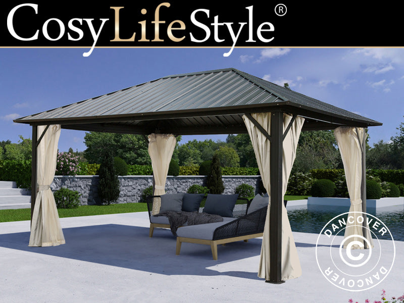 Gazebo San Bernardino w/curtains and mosquito net, 3.65x4.85 m, Black/Ecru