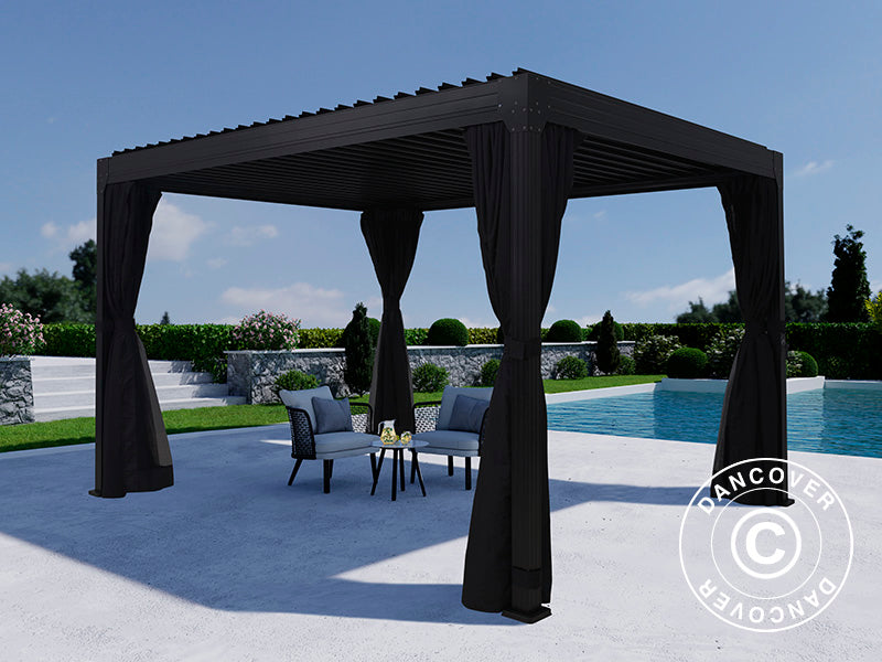 Bioclimatic pergola gazebo Monterey, 3x4 m, w/curtains and mosquito net, Black