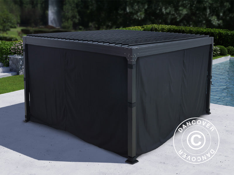 Bioclimatic pergola gazebo Monterey, 4x4 m, w/curtains and mosquito net, Black