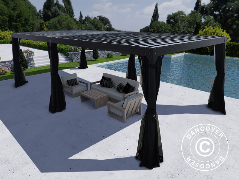 Bioclimatic pergola gazebo Monterey, 4x8 m, w/curtains and mosquito net, Black
