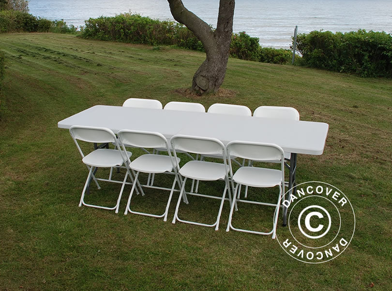 Party package, 1 folding table (240 cm) + 8 chairs, Light grey/White