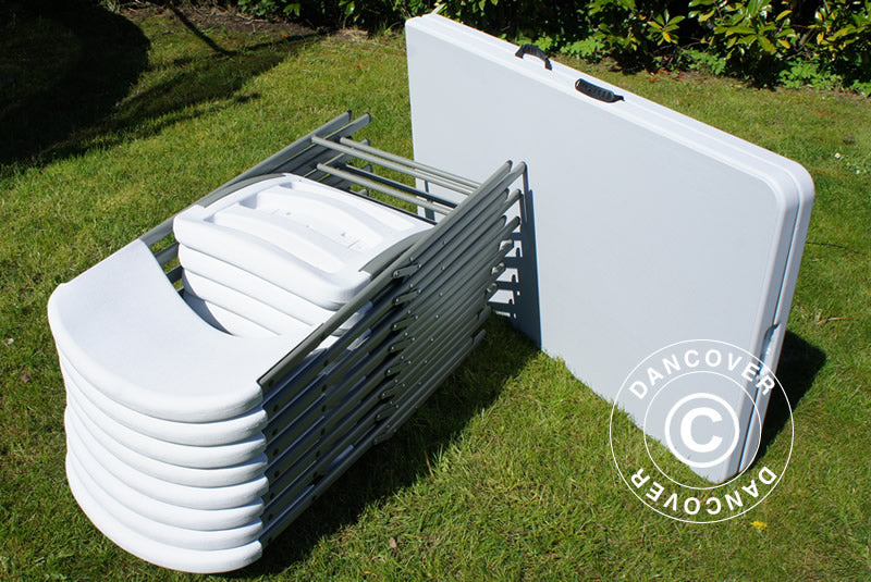 Party package, 1 folding table (180cm) + 8 chairs, Light grey/White