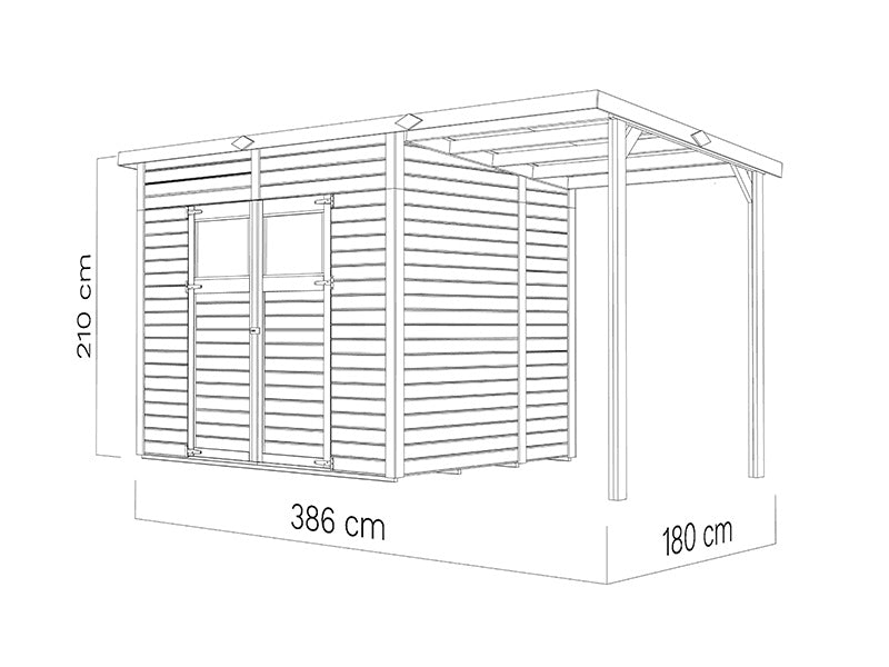 Wooden Shed w/overhang, Bertilo Amrum 3 Plus, 3.86x1.8x2.1 m, 2.78 m² + 4.16 m²
