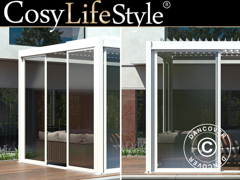 Sliding door set w/glass for pergola San Pablo, 3 m, White