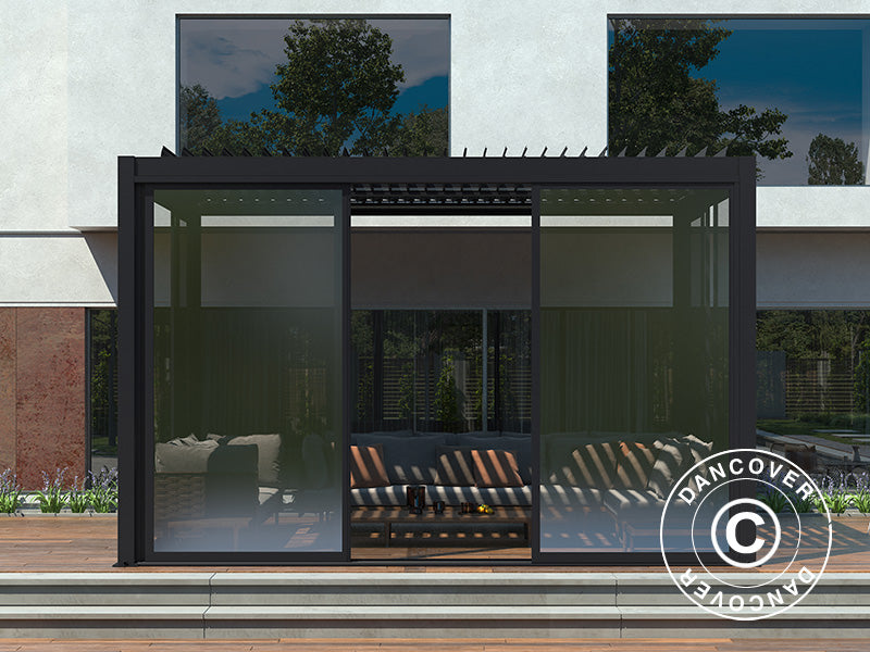 Sliding door set w/glass for pergola San Pablo, 4 m, Black