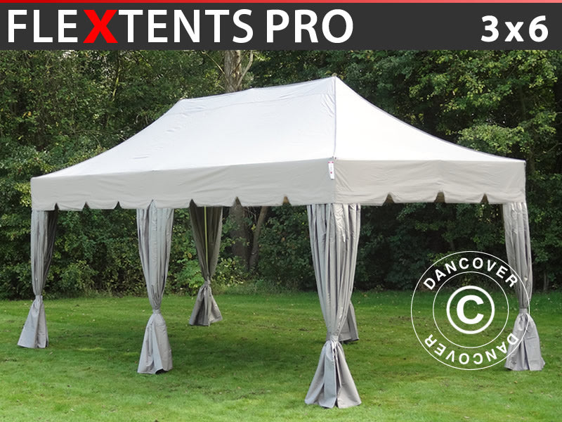 Pop up gazebo FleXtents PRO "Peaked" 3x6 m Latte, incl. 6 decorative curtains