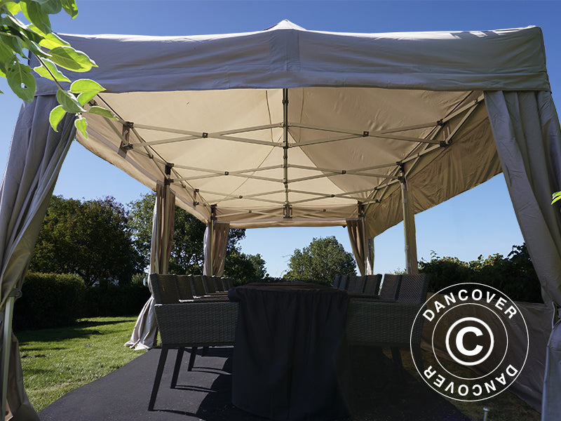 Pop up gazebo FleXtents PRO 3x6 m Latte, incl. 6 sidewalls & decorative curtains