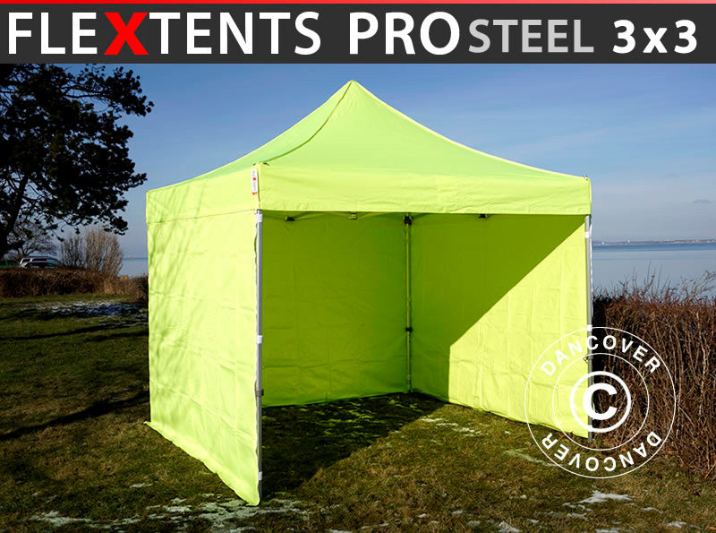 Pop up gazebo FleXtents PRO Steel 3x3 m Neon yellow/green, incl. 4 sidewalls ONLY 1 PCS. LEFT