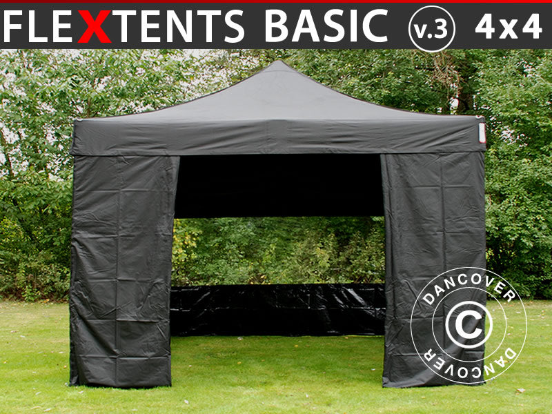 Pop up gazebo FleXtents Basic v.3, 4x4 m Black, incl. 4 sidewalls