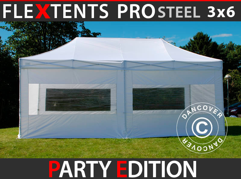 Pop up gazebo FleXtents PRO Steel 3x6 m White, incl. 6 sidewalls