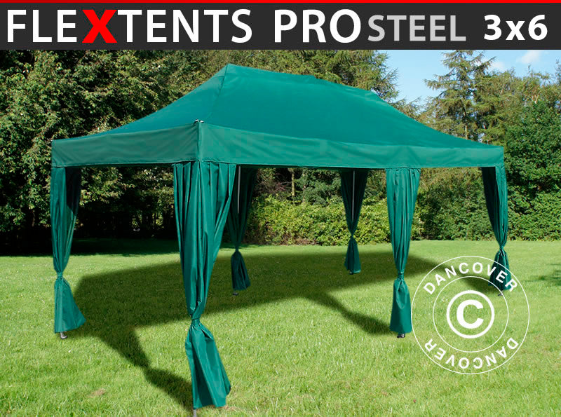 Pop up gazebo FleXtents PRO Steel 3x6 m Green, incl. 6 decorative curtains
