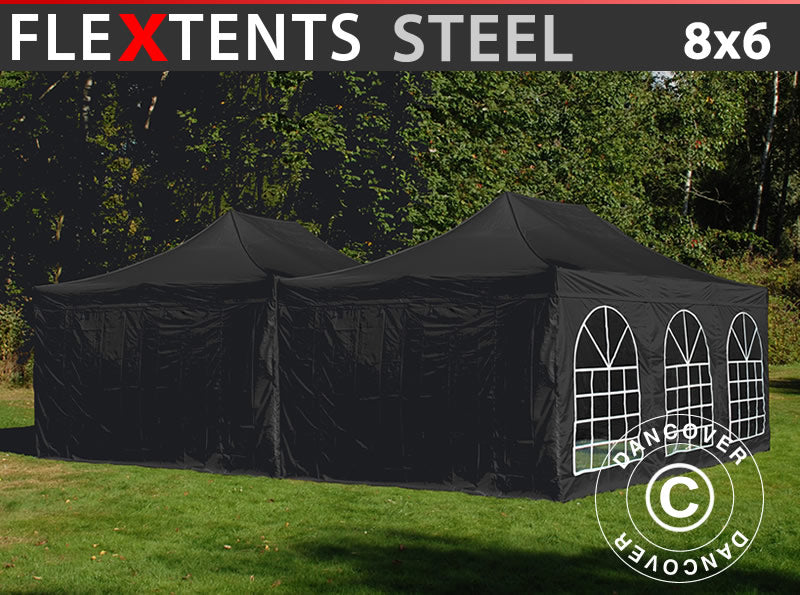 Pop up gazebo FleXtents Steel 8x6 m Black, incl. 8 sidewalls