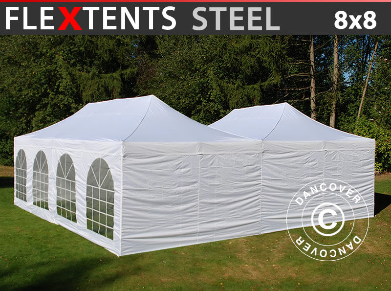 Pop up gazebo FleXtents Steel 8x8 m White, incl. 8 sidewalls
