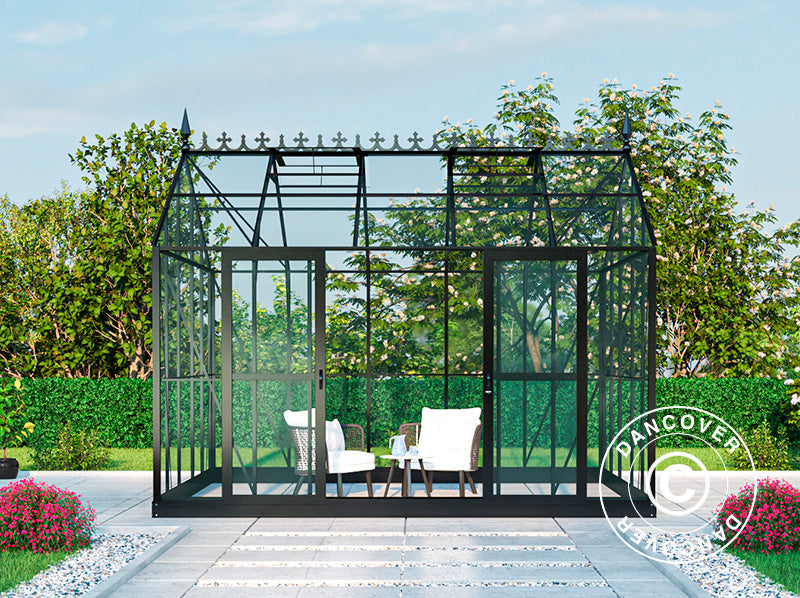 Orangery, greenhouse Glass 13.8 m², 3.73x3.71x3.16 m w/base and cresting, Black