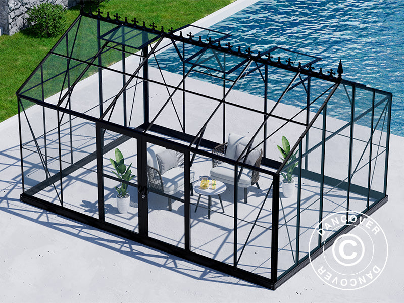Orangery, greenhouse Glass 16.5 m², 4.45x3.71x3.16 m w/base and cresting, Black