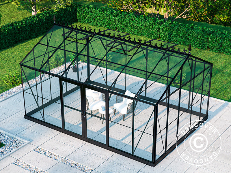 Orangery, greenhouse Glass 16.5 m², 4.45x3.71x3.16 m w/base and cresting, Black