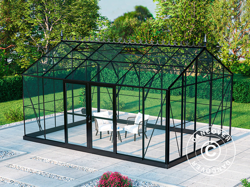 Orangery, greenhouse Glass 16.5 m², 4.45x3.71x3.16 m w/base and cresting, Black