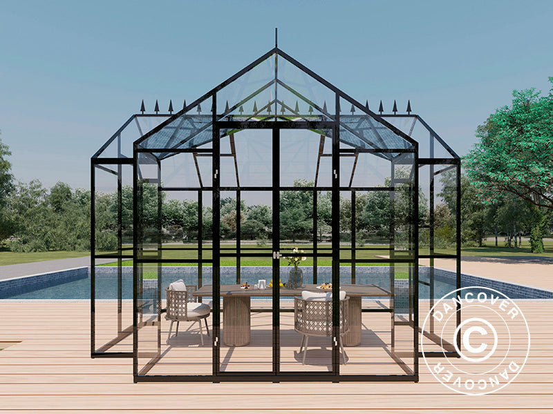 Orangery glass 10.37 m², 3.7x3.04x2.8 m w/base and cresting, Black