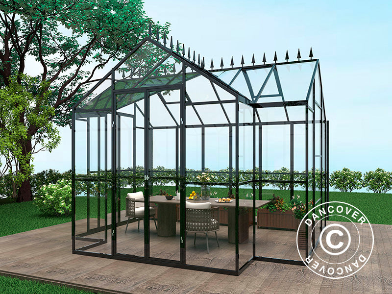 Orangery glass 10.37 m², 3.7x3.04x2.8 m w/base and cresting, Black